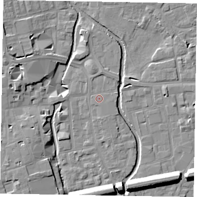 Shaded relief map of the ground around SL68FW, computed from Environment Agency LiDAR. The ground here sits at about 25 m above sea level and falls 15 m across the surrounding 800 m. Surface water reaching this point runs off ground lying to the south-south-east, 0.6 m higher.