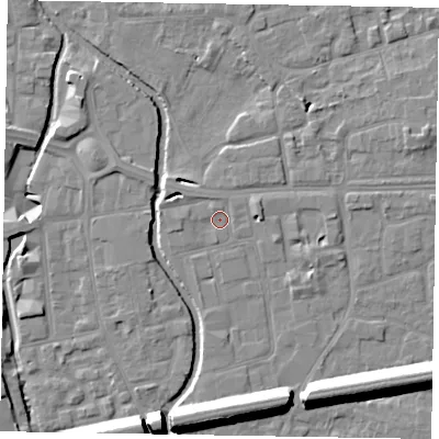 Shaded relief map of the ground around SL68FY, computed from Environment Agency LiDAR. The ground here sits at about 24 m above sea level and falls 15 m across the surrounding 800 m. Surface water reaching this point runs off ground lying to the west-north-west, 3.5 m higher.