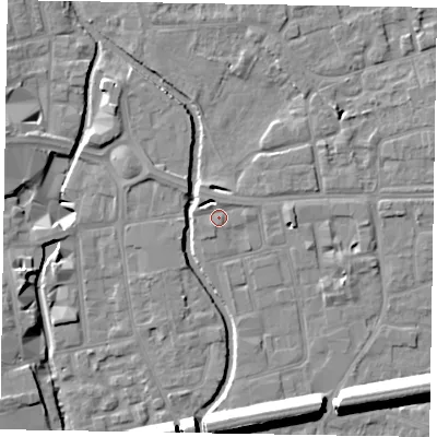 Shaded relief map of the ground around SL68GE, computed from Environment Agency LiDAR. The ground here sits at about 25 m above sea level and falls 15 m across the surrounding 800 m. Surface water reaching this point runs off ground lying to the north-west, 3.5 m higher.