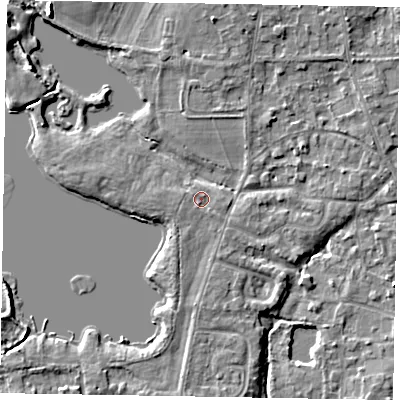 Shaded relief map of the ground around SL68HA, computed from Environment Agency LiDAR. The ground here sits at about 24 m above sea level and falls 5 m across the surrounding 800 m. Surface water reaching this point runs off ground lying to the north-north-east, 3.4 m higher.