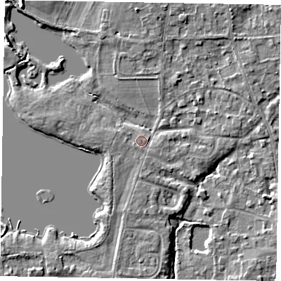 Shaded relief map of the ground around SL68HB, computed from Environment Agency LiDAR. The ground here sits at about 24 m above sea level and falls 5 m across the surrounding 800 m. Surface water reaching this point runs off ground lying to the south, 1.2 m higher.