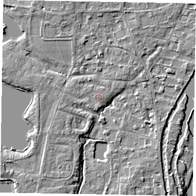 Shaded relief map of the ground around SL68HD, computed from Environment Agency LiDAR. The ground here sits at about 24 m above sea level and falls 4 m across the surrounding 800 m. Surface water reaching this point runs off ground lying to the west-south-west, 0.9 m higher.