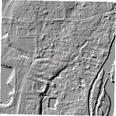 Shaded relief map of the ground around SL68HE, computed from Environment Agency LiDAR. The ground here sits at about 24 m above sea level and falls 5 m across the surrounding 800 m. Surface water reaching this point runs off ground lying to the east, 1.0 m higher.