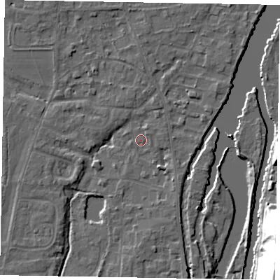 Shaded relief map of the ground around SL68HF, computed from Environment Agency LiDAR. The ground here sits at about 24 m above sea level and falls 34 m across the surrounding 800 m. Surface water reaching this point runs off ground lying to the south-south-east, 2.9 m higher.