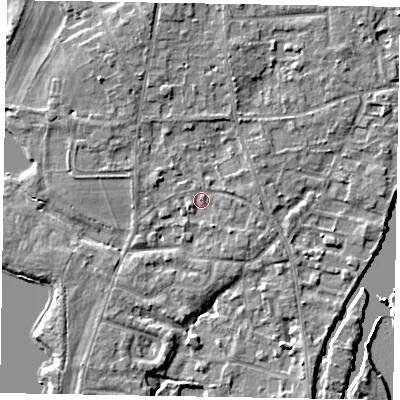 Shaded relief map of the ground around SL68HG, computed from Environment Agency LiDAR. The ground here sits at about 24 m above sea level and falls 5 m across the surrounding 800 m. Surface water reaching this point runs off ground lying to the south-south-east, 1.3 m higher.