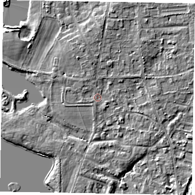Shaded relief map of the ground around SL68HH, computed from Environment Agency LiDAR. The ground here sits at about 24 m above sea level and falls 5 m across the surrounding 800 m. Surface water reaching this point runs off ground lying to the north, 2.4 m higher.