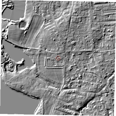 Shaded relief map of the ground around SL68HJ, computed from Environment Agency LiDAR. The ground here sits at about 25 m above sea level and falls 5 m across the surrounding 800 m. Surface water reaching this point runs off ground lying to the south-south-west, 0.9 m higher.