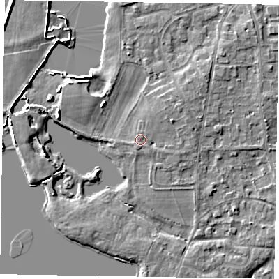 Shaded relief map of the ground around SL68HL, computed from Environment Agency LiDAR. The ground here sits at about 25 m above sea level and falls 5 m across the surrounding 800 m. Surface water reaching this point runs off ground lying to the east-north-east, 2.3 m higher.