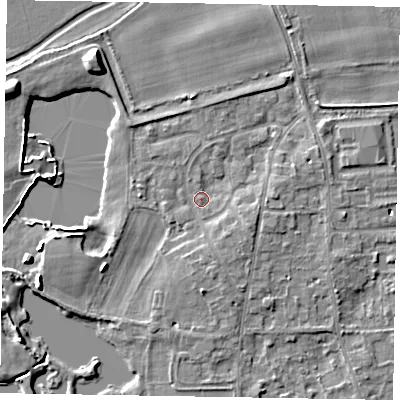 Shaded relief map of the ground around SL68HN, computed from Environment Agency LiDAR. The ground here sits at about 25 m above sea level and falls 7 m across the surrounding 800 m. Surface water reaching this point runs off ground lying to the east-south-east, 2.7 m higher.