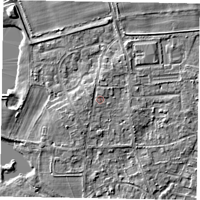 Shaded relief map of the ground around SL68HP, computed from Environment Agency LiDAR. The ground here sits at about 26 m above sea level and falls 7 m across the surrounding 800 m. Surface water reaching this point runs off ground lying to the west-north-west, 1.1 m higher.