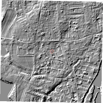 Shaded relief map of the ground around SL68HQ, computed from Environment Agency LiDAR. The ground here sits at about 24 m above sea level and falls 5 m across the surrounding 800 m. Surface water reaching this point runs off ground lying to the north-north-east, 1.9 m higher.