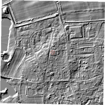 Shaded relief map of the ground around SL68HS, computed from Environment Agency LiDAR. The ground here sits at about 26 m above sea level and falls 7 m across the surrounding 800 m. Surface water reaching this point runs off ground lying to the west-south-west, 1.0 m higher.