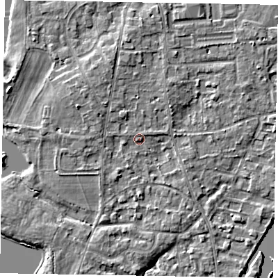 Shaded relief map of the ground around SL68HT, computed from Environment Agency LiDAR. The ground here sits at about 25 m above sea level and falls 5 m across the surrounding 800 m. Surface water reaching this point runs off ground lying to the west-north-west, 0.9 m higher.
