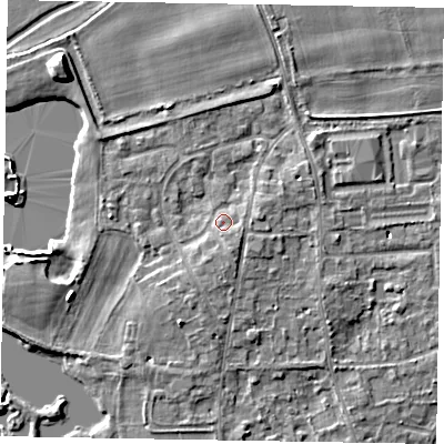 Shaded relief map of the ground around SL68HU, computed from Environment Agency LiDAR. The ground here sits at about 25 m above sea level and falls 7 m across the surrounding 800 m. Surface water reaching this point runs off ground lying to the south-south-east, 2.0 m higher.