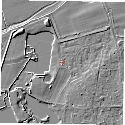 Shaded relief map of the ground around SL68HW, computed from Environment Agency LiDAR. The ground here sits at about 25 m above sea level and falls 7 m across the surrounding 800 m. Surface water reaching this point runs off ground lying to the north-north-west, 6.8 m higher.