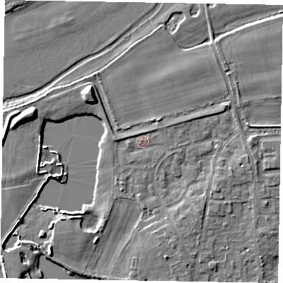 Shaded relief map of the ground around SL68HX, computed from Environment Agency LiDAR. The ground here sits at about 25 m above sea level and falls 7 m across the surrounding 800 m. Surface water reaching this point runs off ground lying to the west-north-west, 1.2 m higher.