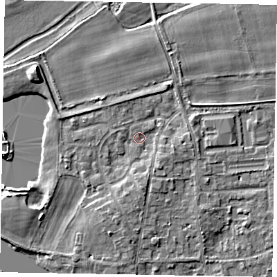 Shaded relief map of the ground around SL68HY, computed from Environment Agency LiDAR. The ground here sits at about 25 m above sea level and falls 7 m across the surrounding 800 m. Surface water reaching this point runs off ground lying to the south, 2.4 m higher.