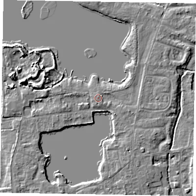Shaded relief map of the ground around SL68HZ, computed from Environment Agency LiDAR. The ground here sits at about 25 m above sea level and falls 8 m across the surrounding 800 m. Surface water reaching this point runs off ground lying to the north-north-east, 1.1 m higher.