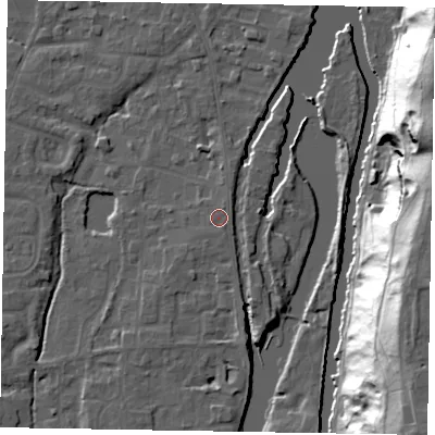 Shaded relief map of the ground around SL68JB, computed from Environment Agency LiDAR. The ground here sits at about 25 m above sea level and falls 46 m across the surrounding 800 m. Surface water reaching this point runs off ground lying to the south-east, 0.7 m higher.
