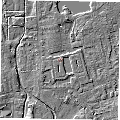 Shaded relief map of the ground around SL68JG, computed from Environment Agency LiDAR. The ground here sits at about 25 m above sea level and falls 6 m across the surrounding 800 m. Surface water reaching this point runs off ground lying to the south-south-east, 3.7 m higher.