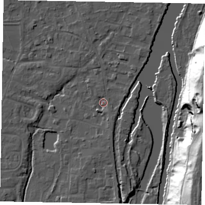 Shaded relief map of the ground around SL68JH, computed from Environment Agency LiDAR. The ground here sits at about 24 m above sea level and falls 46 m across the surrounding 800 m. Surface water reaching this point runs off ground lying to the south-west, 2.9 m higher.