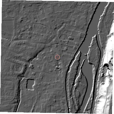 Shaded relief map of the ground around SL68JL, computed from Environment Agency LiDAR. The ground here sits at about 24 m above sea level and falls 45 m across the surrounding 800 m. Surface water reaching this point runs off ground lying to the south, 2.9 m higher.