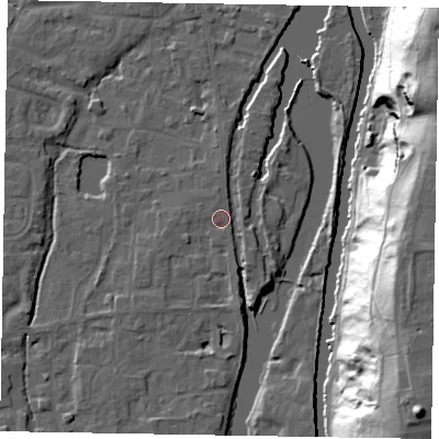 Shaded relief map of the ground around SL68JN, computed from Environment Agency LiDAR. The ground here sits at about 25 m above sea level and falls 48 m across the surrounding 800 m. Surface water reaching this point runs off ground lying to the north, 1.2 m higher.