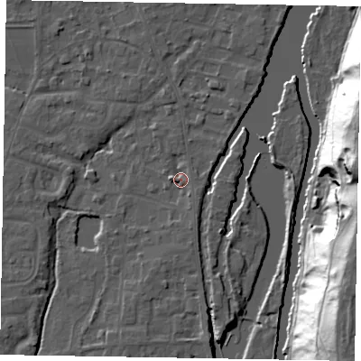 Shaded relief map of the ground around SL68JP, computed from Environment Agency LiDAR. The ground here sits at about 24 m above sea level and falls 46 m across the surrounding 800 m. Surface water reaching this point runs off ground lying to the west-north-west, 2.6 m higher.