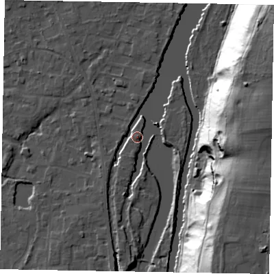 Shaded relief map of the ground around SL68JR, computed from Environment Agency LiDAR. The ground here sits at about 25 m above sea level and falls 47 m across the surrounding 800 m. Surface water reaching this point runs off ground lying to the south-south-west, 3.8 m higher.