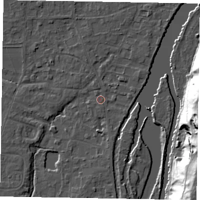 Shaded relief map of the ground around SL68JS, computed from Environment Agency LiDAR. The ground here sits at about 24 m above sea level and falls 45 m across the surrounding 800 m. Surface water reaching this point runs off ground lying to the south-south-east, 1.8 m higher.