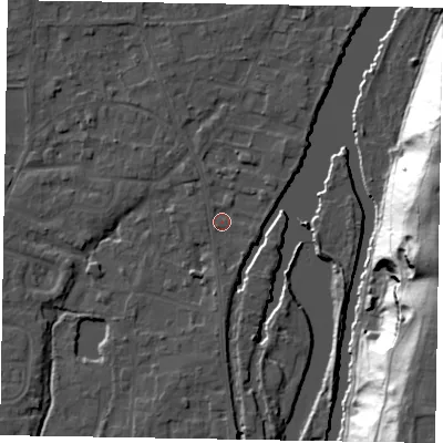 Shaded relief map of the ground around SL68JT, computed from Environment Agency LiDAR. The ground here sits at about 24 m above sea level and falls 46 m across the surrounding 800 m. Surface water reaching this point runs off ground lying to the south, 1.8 m higher.