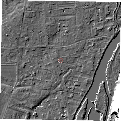 Shaded relief map of the ground around SL68JU, computed from Environment Agency LiDAR. The ground here sits at about 25 m above sea level and falls 31 m across the surrounding 800 m. Surface water reaching this point runs off ground lying to the north-west, 0.6 m higher.