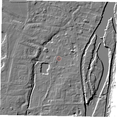 Shaded relief map of the ground around SL68JW, computed from Environment Agency LiDAR. The ground here sits at about 24 m above sea level and falls 24 m across the surrounding 800 m. Surface water reaching this point runs off ground lying to the east, 2.0 m higher.