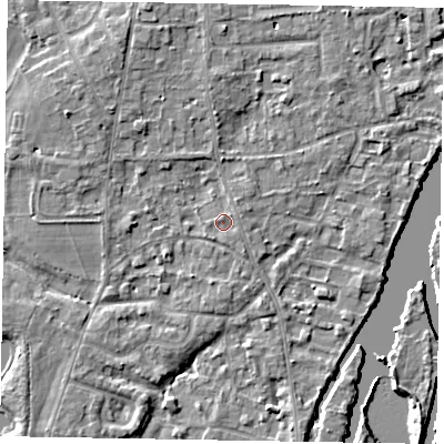 Shaded relief map of the ground around SL68JX, computed from Environment Agency LiDAR. The ground here sits at about 25 m above sea level and falls 5 m across the surrounding 800 m. Surface water reaching this point runs off ground lying to the east-north-east, 0.8 m higher.