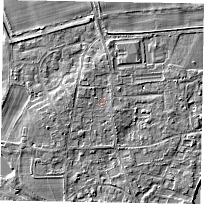 Shaded relief map of the ground around SL68JY, computed from Environment Agency LiDAR. The ground here sits at about 25 m above sea level and falls 5 m across the surrounding 800 m. Surface water reaching this point runs off ground lying to the west-north-west, 1.5 m higher.