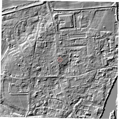Shaded relief map of the ground around SL68JZ, computed from Environment Agency LiDAR. The ground here sits at about 25 m above sea level and falls 5 m across the surrounding 800 m. Surface water reaching this point runs off ground lying to the west-north-west, 0.9 m higher.