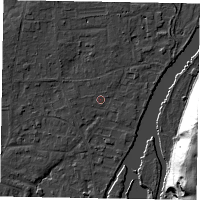 Shaded relief map of the ground around SL68LA, computed from Environment Agency LiDAR. The ground here sits at about 24 m above sea level and falls 42 m across the surrounding 800 m. Surface water reaching this point runs off ground lying to the west, 1.6 m higher.