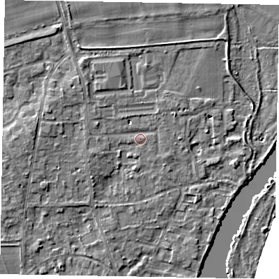 Shaded relief map of the ground around SL68LB, computed from Environment Agency LiDAR. The ground here sits at about 25 m above sea level and falls 35 m across the surrounding 800 m. Surface water reaching this point runs off ground lying to the west-north-west, 3.4 m higher.