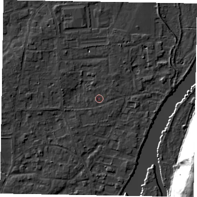 Shaded relief map of the ground around SL68LD, computed from Environment Agency LiDAR. The ground here sits at about 24 m above sea level and falls 41 m across the surrounding 800 m. Surface water reaching this point runs off ground lying to the north-west, 3.4 m higher.