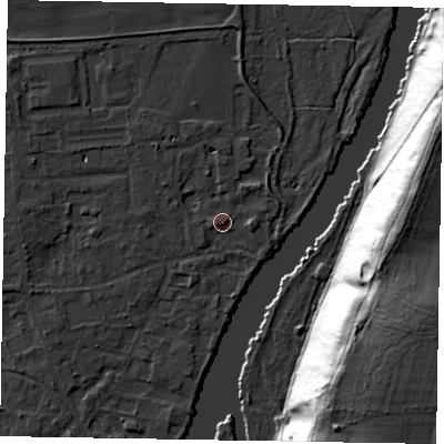 Shaded relief map of the ground around SL68LE, computed from Environment Agency LiDAR. The ground here sits at about 25 m above sea level and falls 45 m across the surrounding 800 m. Surface water reaching this point runs off ground lying to the east, 2.8 m higher.
