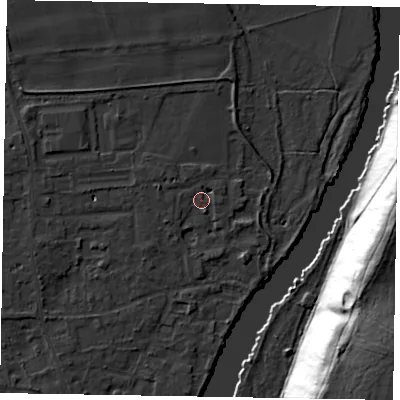 Shaded relief map of the ground around SL68LF, computed from Environment Agency LiDAR. The ground here sits at about 25 m above sea level and falls 44 m across the surrounding 800 m. Surface water reaching this point runs off ground lying to the west-north-west, 1.6 m higher.
