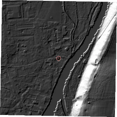 Shaded relief map of the ground around SL68LG, computed from Environment Agency LiDAR. The ground here sits at about 24 m above sea level and falls 45 m across the surrounding 800 m. Surface water reaching this point runs off ground lying to the north-east, 2.8 m higher.