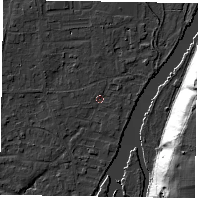 Shaded relief map of the ground around SL68LH, computed from Environment Agency LiDAR. The ground here sits at about 24 m above sea level and falls 44 m across the surrounding 800 m. Surface water reaching this point runs off ground lying to the north-west, 3.4 m higher.