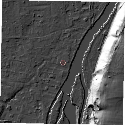 Shaded relief map of the ground around SL68LJ, computed from Environment Agency LiDAR. The ground here sits at about 25 m above sea level and falls 45 m across the surrounding 800 m. Surface water reaching this point runs off ground lying to the north-north-east, 2.4 m higher.