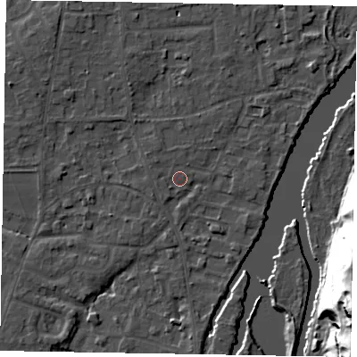 Shaded relief map of the ground around SL68LL, computed from Environment Agency LiDAR. The ground here sits at about 24 m above sea level and falls 40 m across the surrounding 800 m. Surface water reaching this point runs off ground lying to the north-west, 1.0 m higher.