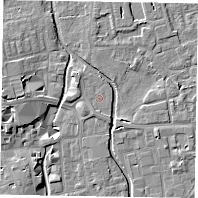 Shaded relief map of the ground around SL68LP, computed from Environment Agency LiDAR. The ground here sits at about 24 m above sea level and falls 11 m across the surrounding 800 m. Surface water reaching this point runs off ground lying to the south-south-west, 1.0 m higher.
