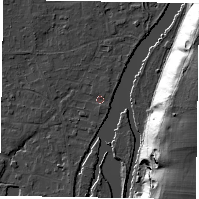 Shaded relief map of the ground around SL68LQ, computed from Environment Agency LiDAR. The ground here sits at about 24 m above sea level and falls 45 m across the surrounding 800 m. Surface water reaching this point runs off ground lying to the north-north-east, 2.4 m higher.