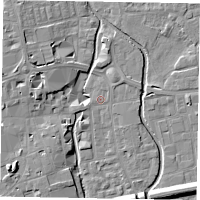 Shaded relief map of the ground around SL68LR, computed from Environment Agency LiDAR. The ground here sits at about 24 m above sea level and falls 15 m across the surrounding 800 m. Surface water reaching this point runs off ground lying to the west-south-west, 1.6 m higher.