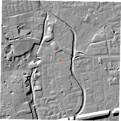 Shaded relief map of the ground around SL68LT, computed from Environment Agency LiDAR. The ground here sits at about 24 m above sea level and falls 15 m across the surrounding 800 m. Surface water reaching this point runs off ground lying to the north, 1.6 m higher.