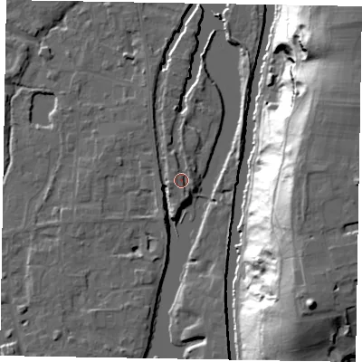 Shaded relief map of the ground around SL68LW, computed from Environment Agency LiDAR. The ground here sits at about 25 m above sea level and falls 48 m across the surrounding 800 m. Surface water reaching this point runs off ground lying to the west-south-west, 1.6 m higher.